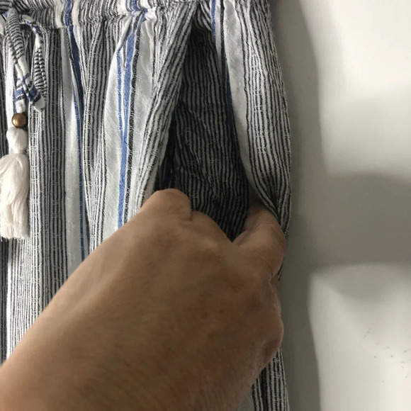 Angie Boho  Striped Pants Blue White Black S Elastic Waistband Tassels Pockets - Picture 7 of 12